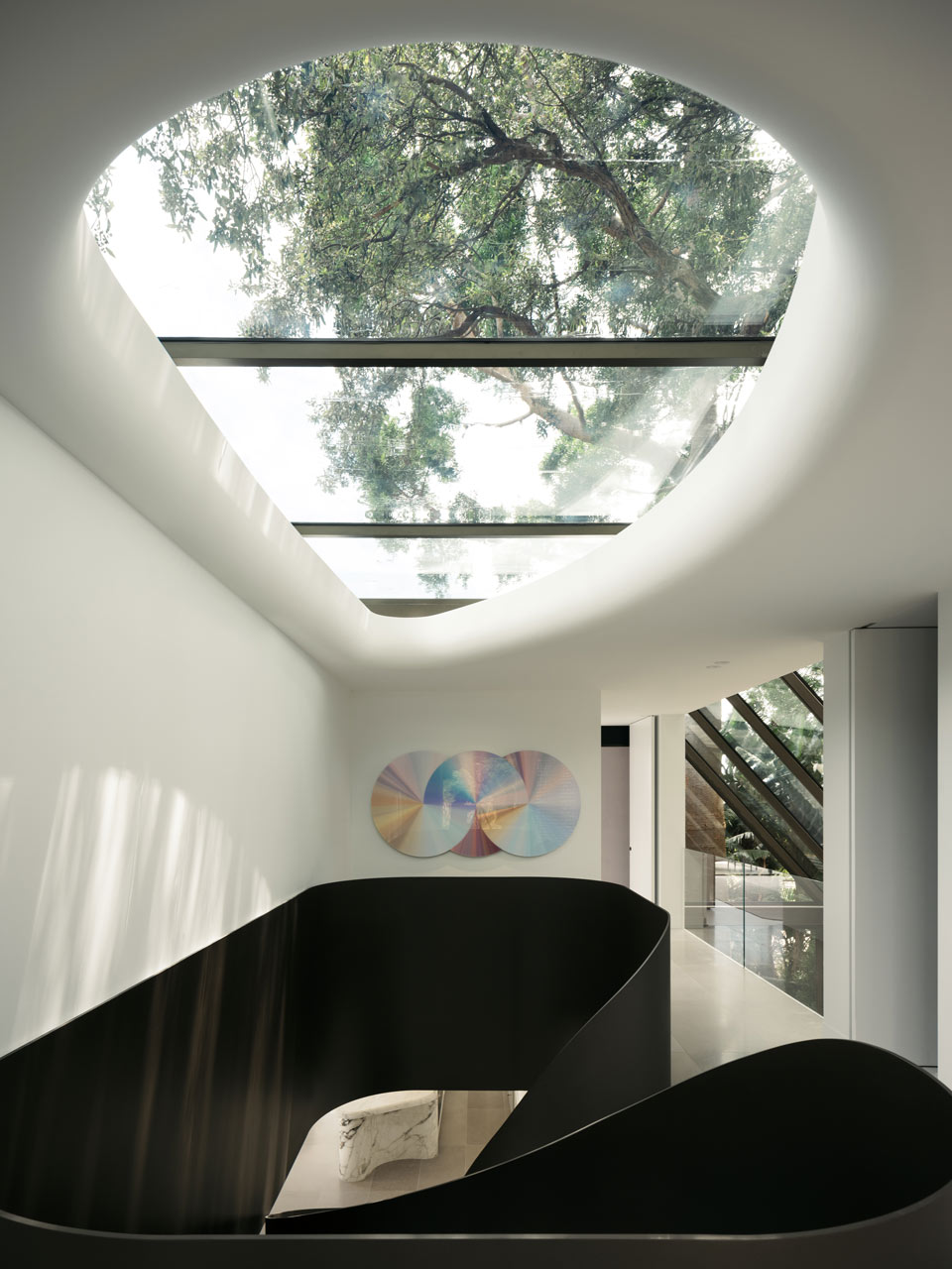 Interior view of a modern home showcasing a sleek, black spiral staircase beneath an oval skylight with views of a tree canopy, complemented by abstract art on the wall.