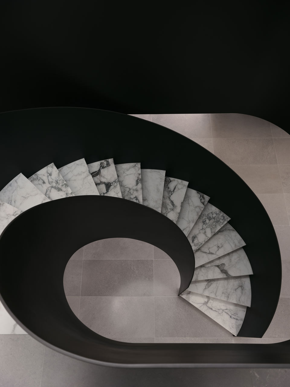 Overhead view of a striking black spiral staircase with white marble steps, creating a dramatic contrast against the minimalist grey tiled floor.